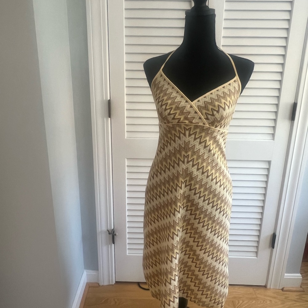 LOFT Zigzag/ Chevron Patterned Midi Dress in Yellow Brown and Cream